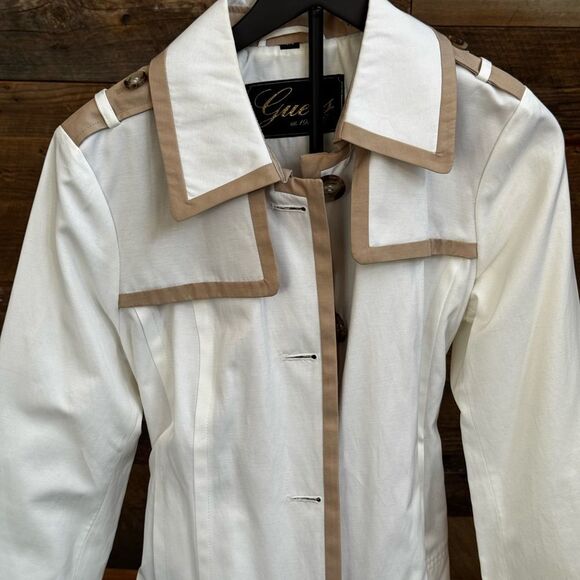 ✨GUESS White Trench Coat Jacket L | Belted Layered Hem | Contrast Trim | Lined - Picture 15 of 16